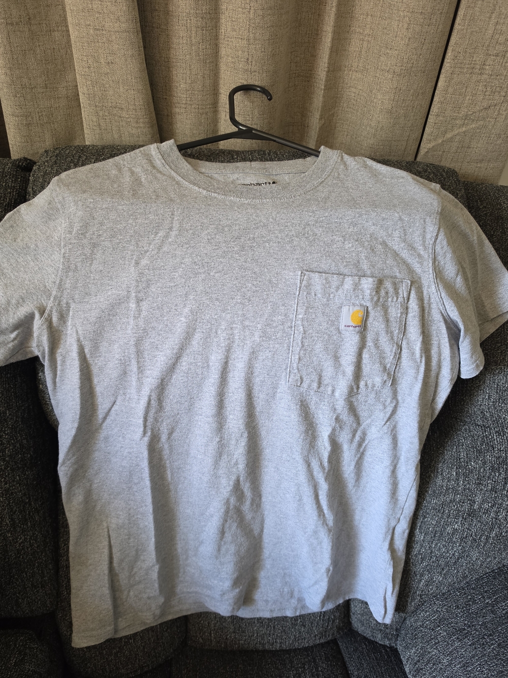 Carhartt Light Gray Short-Sleeve Pocket Tee with Yellow Logo